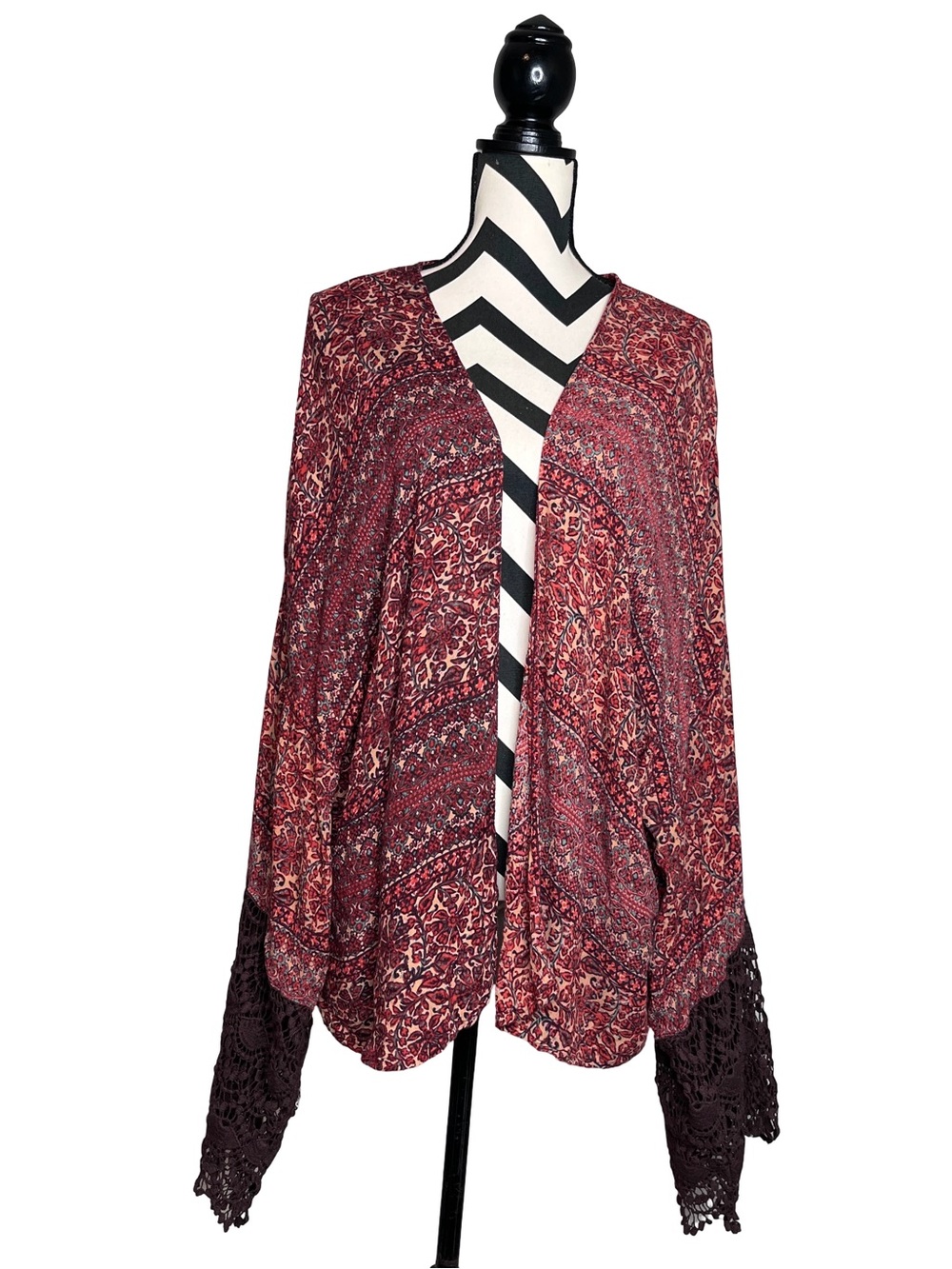 Boho Earthy Paisley Floral Crotchet Bell-Sleeve Open Front Kimono Top Sz L